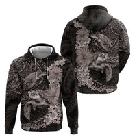 Hawaiian Plumeria and Hibiscus with Turtles Zip Hoodie Polynesian Art Grayscale - Polynesian Pride