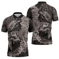 Hawaiian Plumeria and Hibiscus with Turtles Zipper Polo Shirt Polynesian Art Grayscale - Polynesian Pride