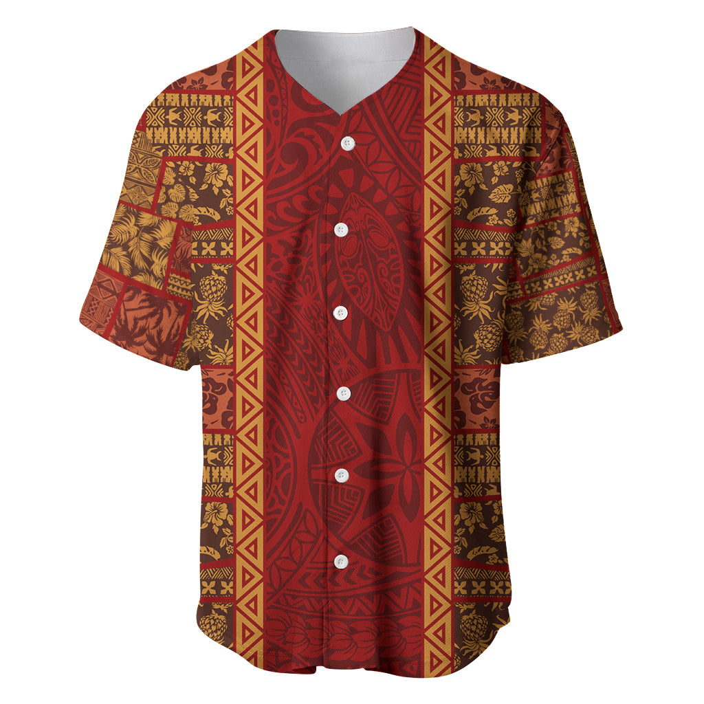 Hawaii Style Hibiscus and Tribal Element Fabric Patchwork Baseball Jersey LT03 Red - Polynesian Pride