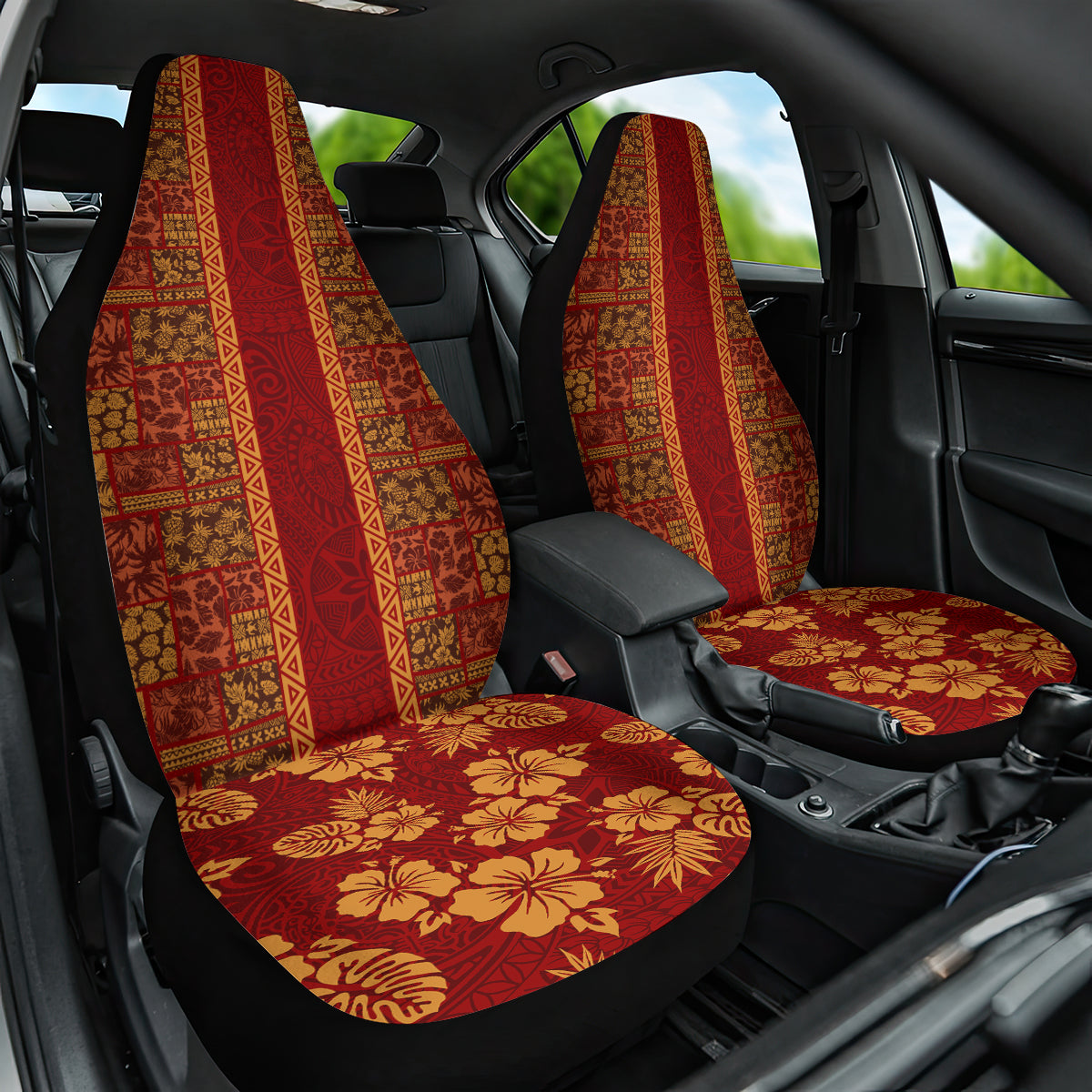 Hawaii Style Hibiscus and Tribal Element Fabric Patchwork Car Seat Cover LT03 One Size Red - Polynesian Pride