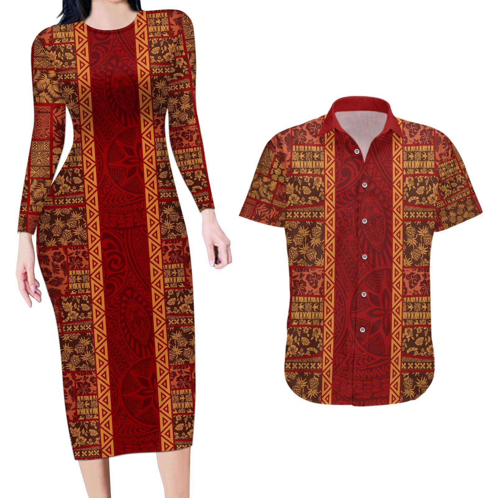 Hawaii Style Hibiscus and Tribal Element Fabric Patchwork Couples Matching Long Sleeve Bodycon Dress and Hawaiian Shirt LT03 Red - Polynesian Pride