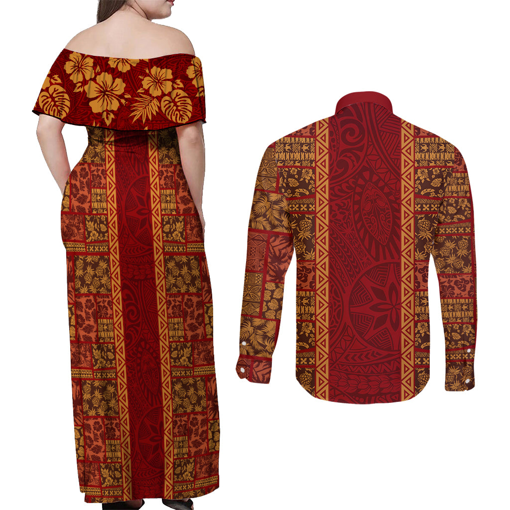 Hawaii Style Hibiscus and Tribal Element Fabric Patchwork Couples Matching Off Shoulder Maxi Dress and Long Sleeve Button Shirt LT03 - Polynesian Pride