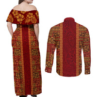 Hawaii Style Hibiscus and Tribal Element Fabric Patchwork Couples Matching Off Shoulder Maxi Dress and Long Sleeve Button Shirt LT03 - Polynesian Pride