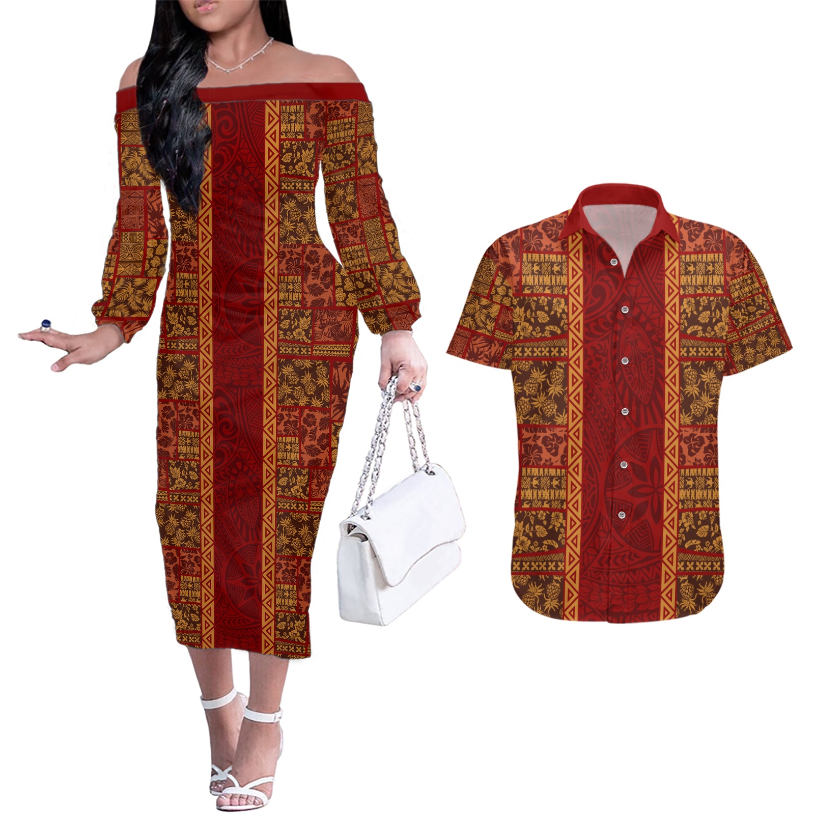 Hawaii Style Hibiscus and Tribal Element Fabric Patchwork Couples Matching Off The Shoulder Long Sleeve Dress and Hawaiian Shirt LT03 Red - Polynesian Pride