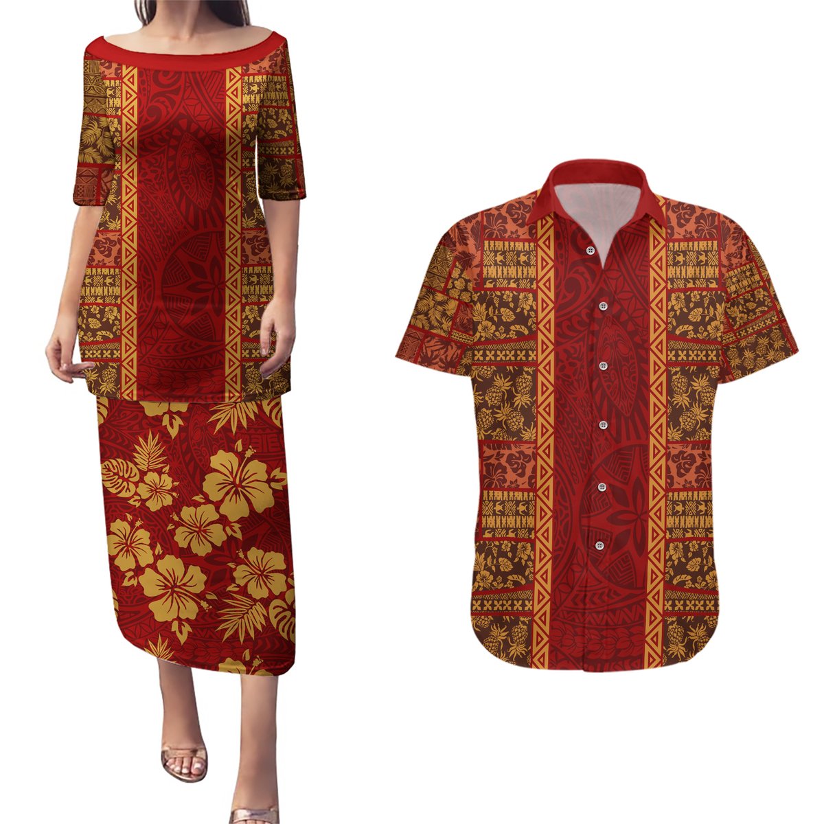 Hawaii Style Hibiscus and Tribal Element Fabric Patchwork Couples Matching Puletasi Dress and Hawaiian Shirt LT03 Red - Polynesian Pride