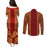Hawaii Style Hibiscus and Tribal Element Fabric Patchwork Couples Matching Puletasi Dress and Long Sleeve Button Shirt LT03 - Polynesian Pride