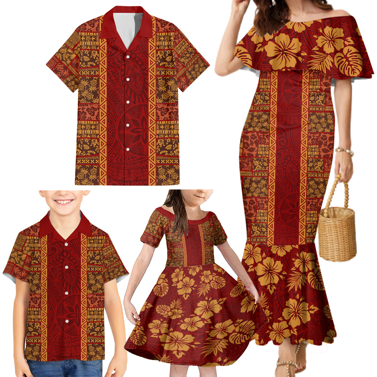 Hawaii Style Hibiscus and Tribal Element Fabric Patchwork Family Matching Mermaid Dress and Hawaiian Shirt LT03 - Polynesian Pride