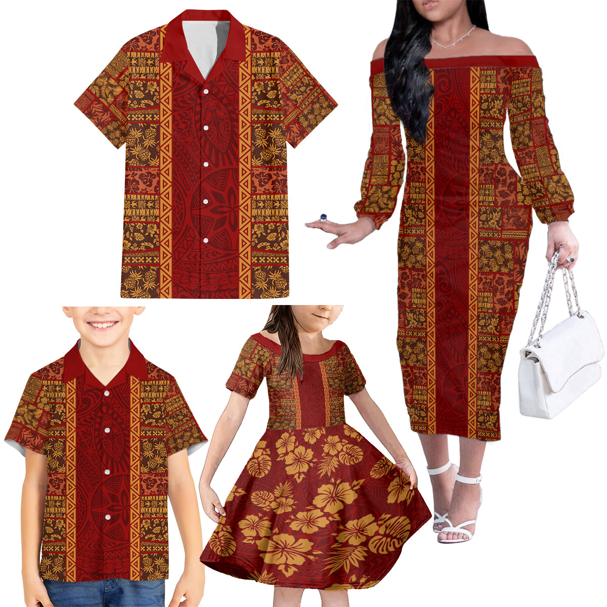 Hawaii Style Hibiscus and Tribal Element Fabric Patchwork Family Matching Off Shoulder Long Sleeve Dress and Hawaiian Shirt LT03 - Polynesian Pride