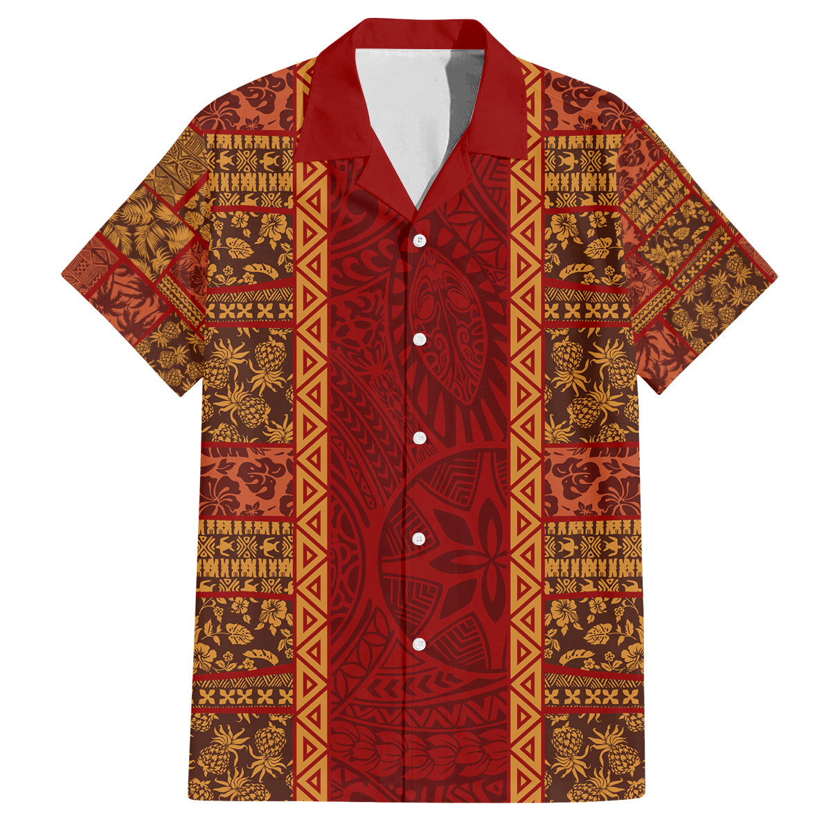 Hawaii Style Hibiscus and Tribal Element Fabric Patchwork Family Matching Off Shoulder Short Dress and Hawaiian Shirt LT03 Dad's Shirt - Short Sleeve Red - Polynesian Pride