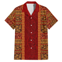 Hawaii Style Hibiscus and Tribal Element Fabric Patchwork Family Matching Off Shoulder Short Dress and Hawaiian Shirt LT03 Dad's Shirt - Short Sleeve Red - Polynesian Pride