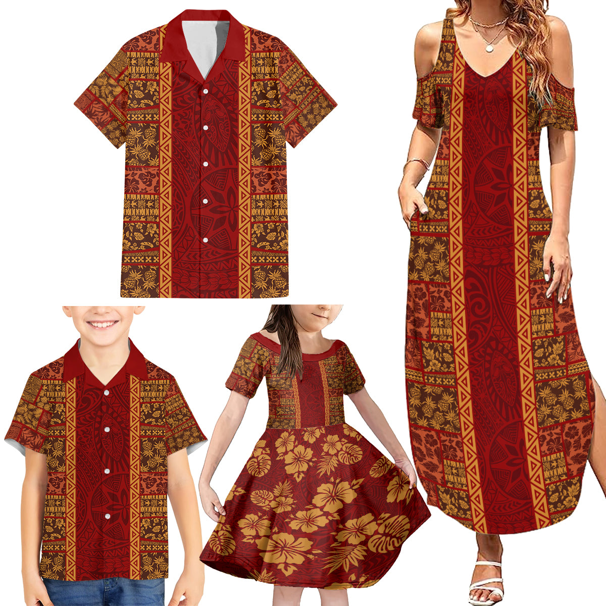 Hawaii Style Hibiscus and Tribal Element Fabric Patchwork Family Matching Summer Maxi Dress and Hawaiian Shirt LT03 - Polynesian Pride