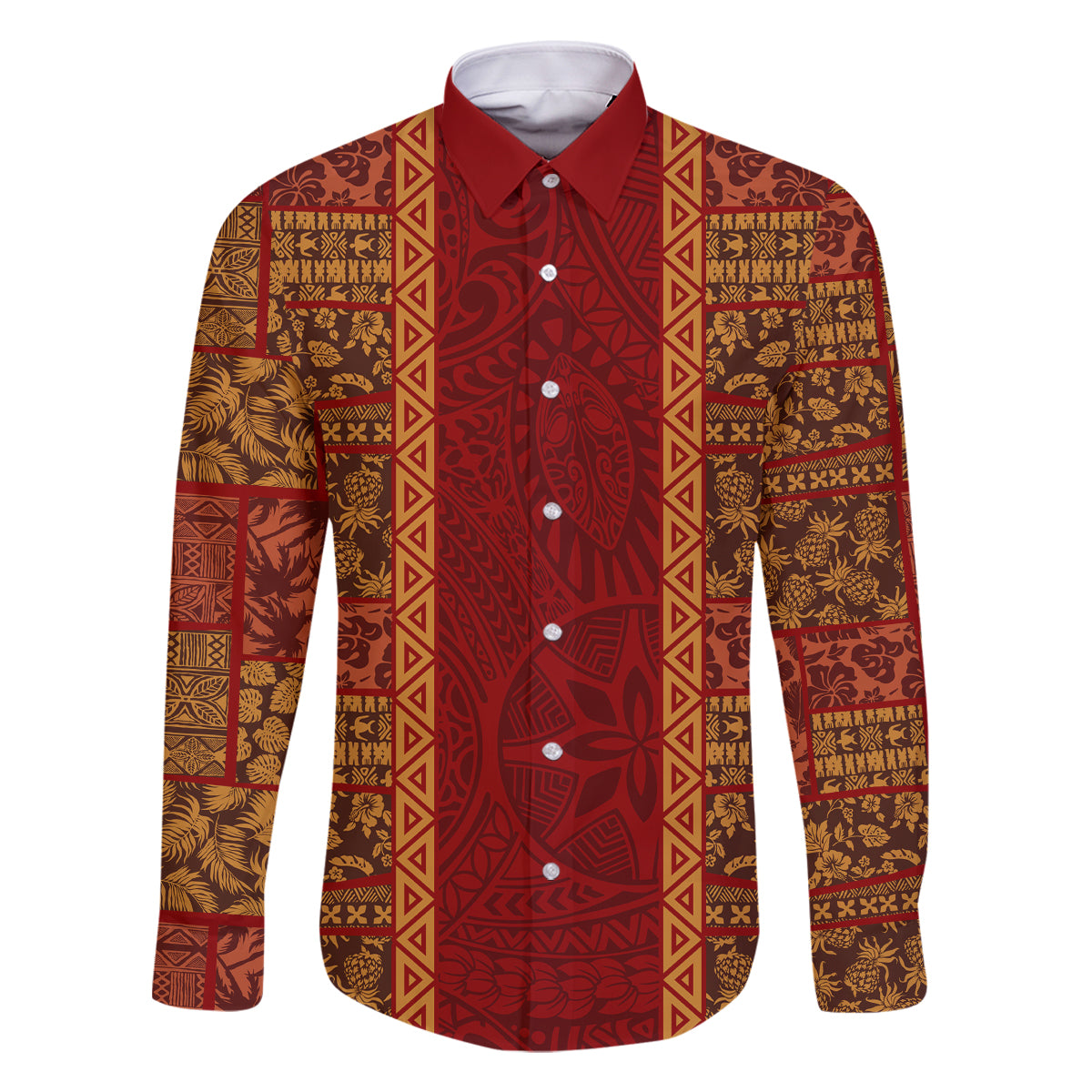 Hawaii Style Hibiscus and Tribal Element Fabric Patchwork Family Matching Summer Maxi Dress and Hawaiian Shirt LT03 Dad's Shirt - Long Sleeve Red - Polynesian Pride