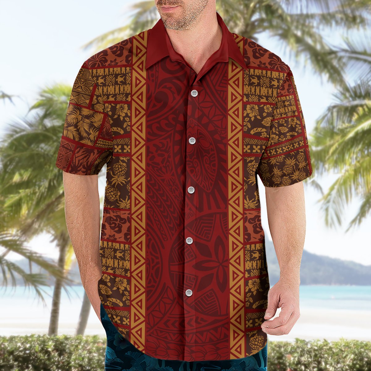 Hawaii Style Hibiscus and Tribal Element Fabric Patchwork Hawaiian Shirt LT03 - Polynesian Pride