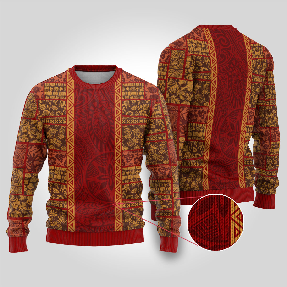 Hawaii Style Hibiscus and Tribal Element Fabric Patchwork Ugly Christmas Sweater LT03 Red - Polynesian Pride