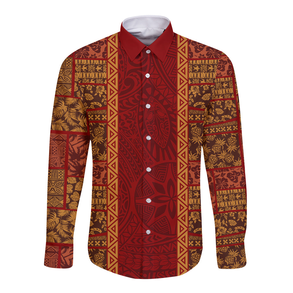 Hawaii Style Hibiscus and Tribal Element Fabric Patchwork Long Sleeve Button Shirt LT03 Unisex Red - Polynesian Pride