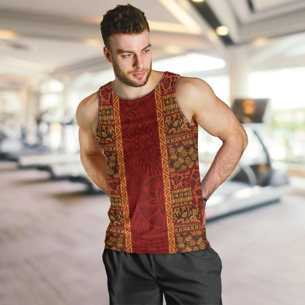 Hawaii Style Hibiscus and Tribal Element Fabric Patchwork Men Tank Top LT03 Red - Polynesian Pride