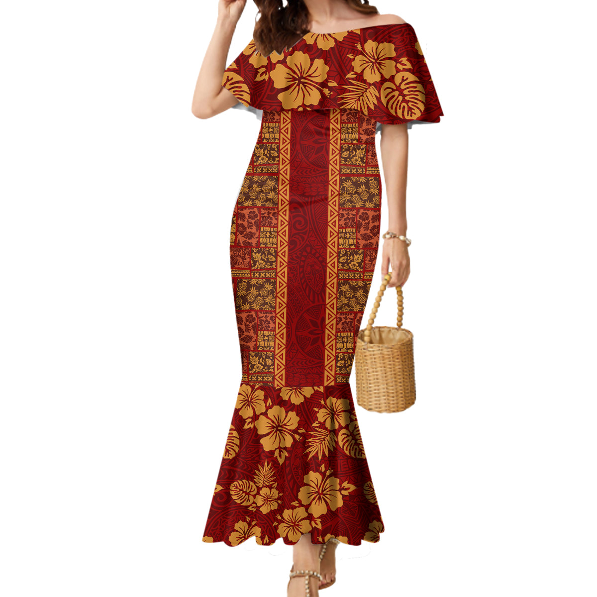 Hawaii Style Hibiscus and Tribal Element Fabric Patchwork Mermaid Dress LT03 Women Red - Polynesian Pride