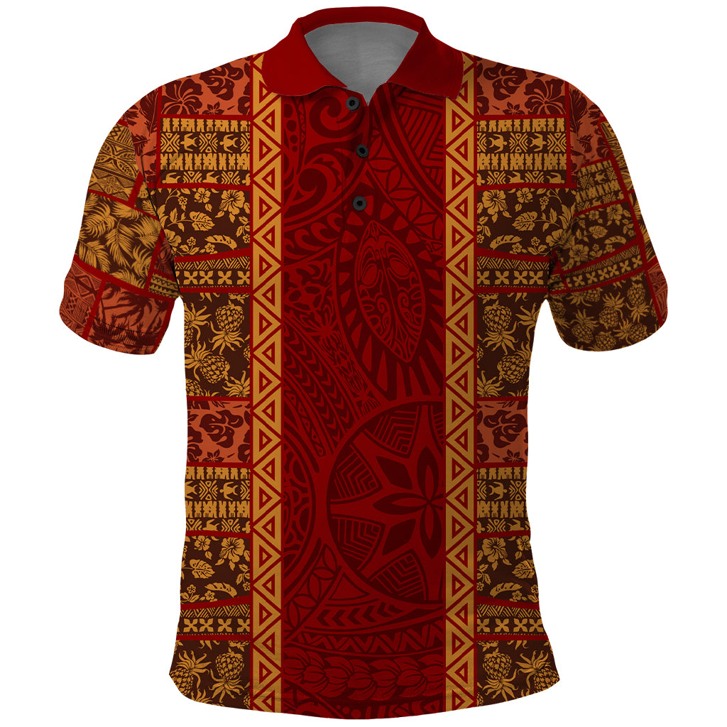 Hawaii Style Hibiscus and Tribal Element Fabric Patchwork Polo Shirt LT03 Red - Polynesian Pride