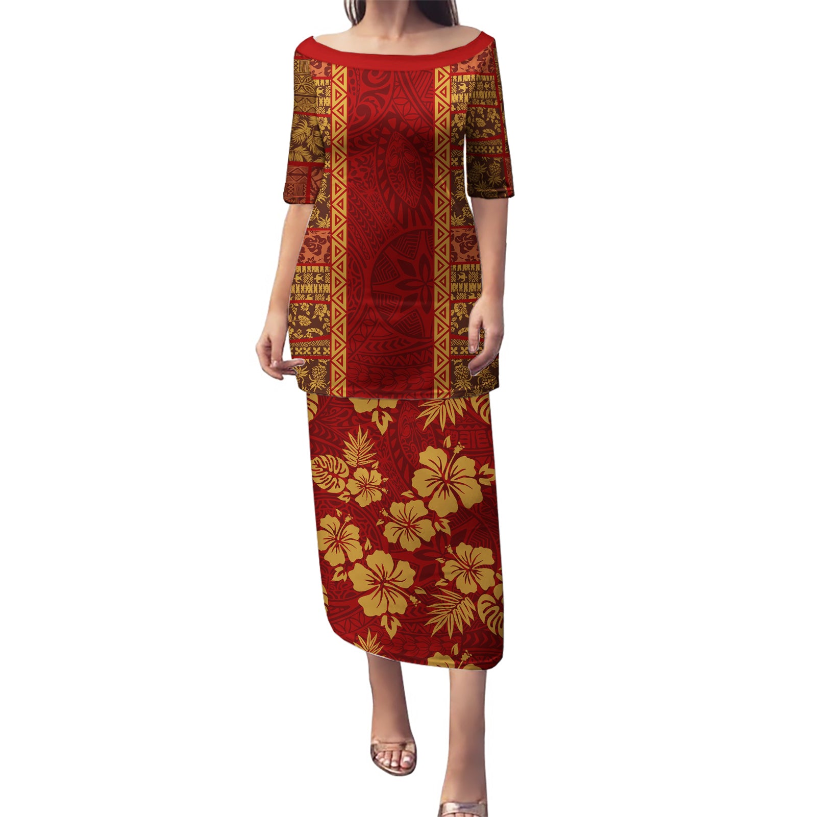 Hawaii Style Hibiscus and Tribal Element Fabric Patchwork Puletasi LT03 Long Dress Red - Polynesian Pride