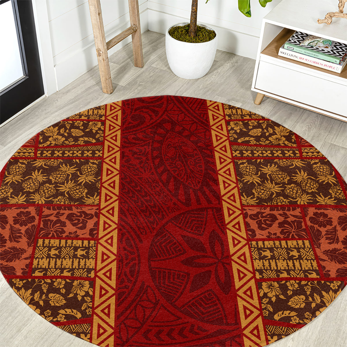 Hawaii Style Hibiscus and Tribal Element Fabric Patchwork Round Carpet LT03 Red - Polynesian Pride