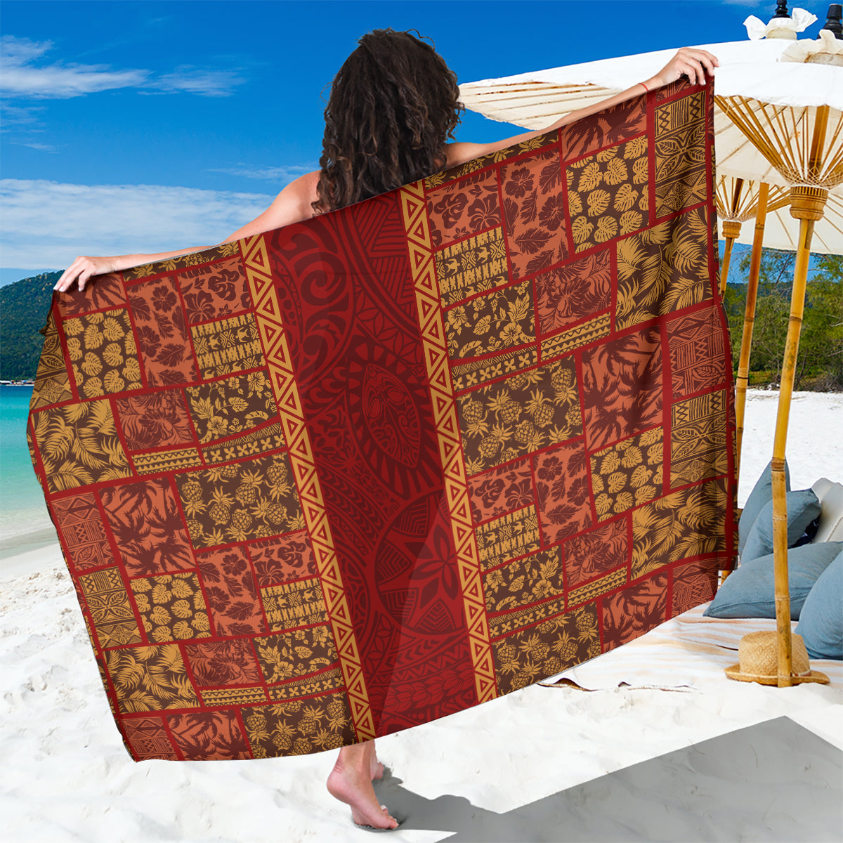 Hawaii Style Hibiscus and Tribal Element Fabric Patchwork Sarong LT03 One Size 44 x 66 inches Red - Polynesian Pride