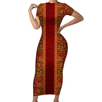 Hawaii Style Hibiscus and Tribal Element Fabric Patchwork Short Sleeve Bodycon Dress LT03 Long Dress Red - Polynesian Pride