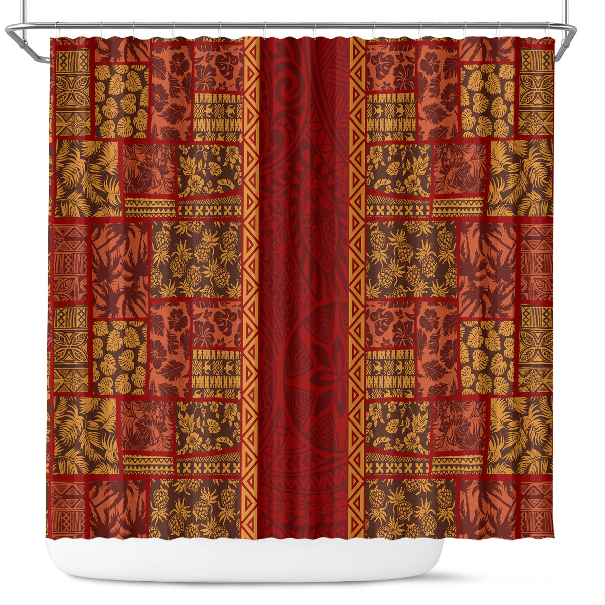 Hawaii Style Hibiscus and Tribal Element Fabric Patchwork Shower Curtain LT03 Red - Polynesian Pride