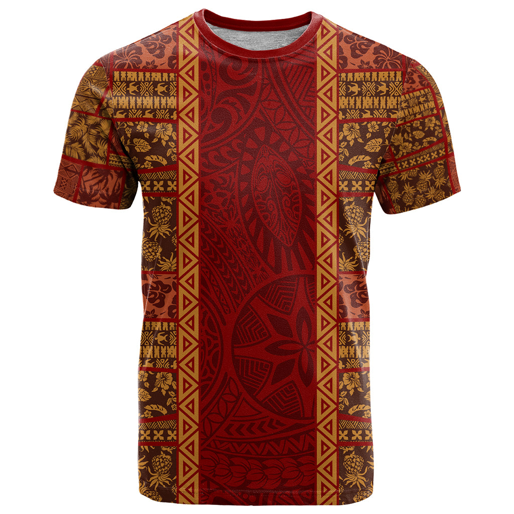 Hawaii Style Hibiscus and Tribal Element Fabric Patchwork T Shirt LT03 Red - Polynesian Pride