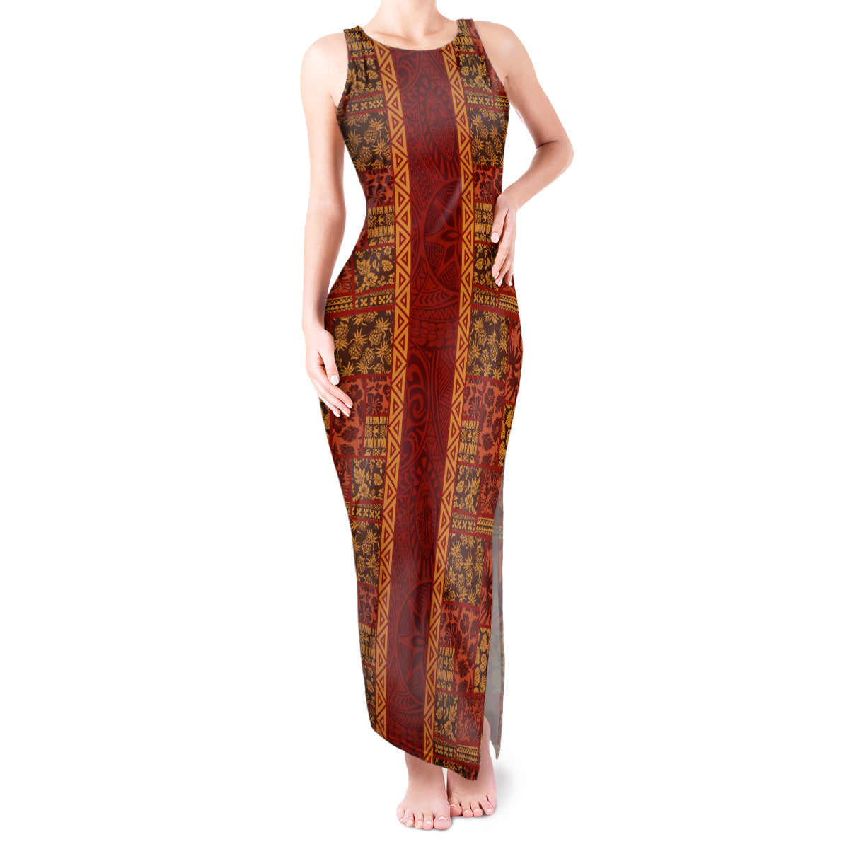 Hawaii Style Hibiscus and Tribal Element Fabric Patchwork Tank Maxi Dress LT03 Women Red - Polynesian Pride