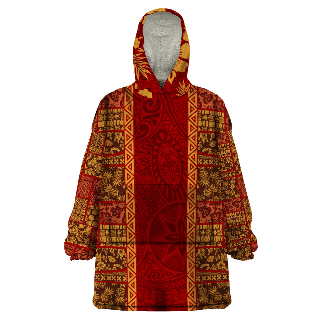 Hawaii Style Hibiscus and Tribal Element Fabric Patchwork Wearable Blanket Hoodie LT03 One Size Red - Polynesian Pride