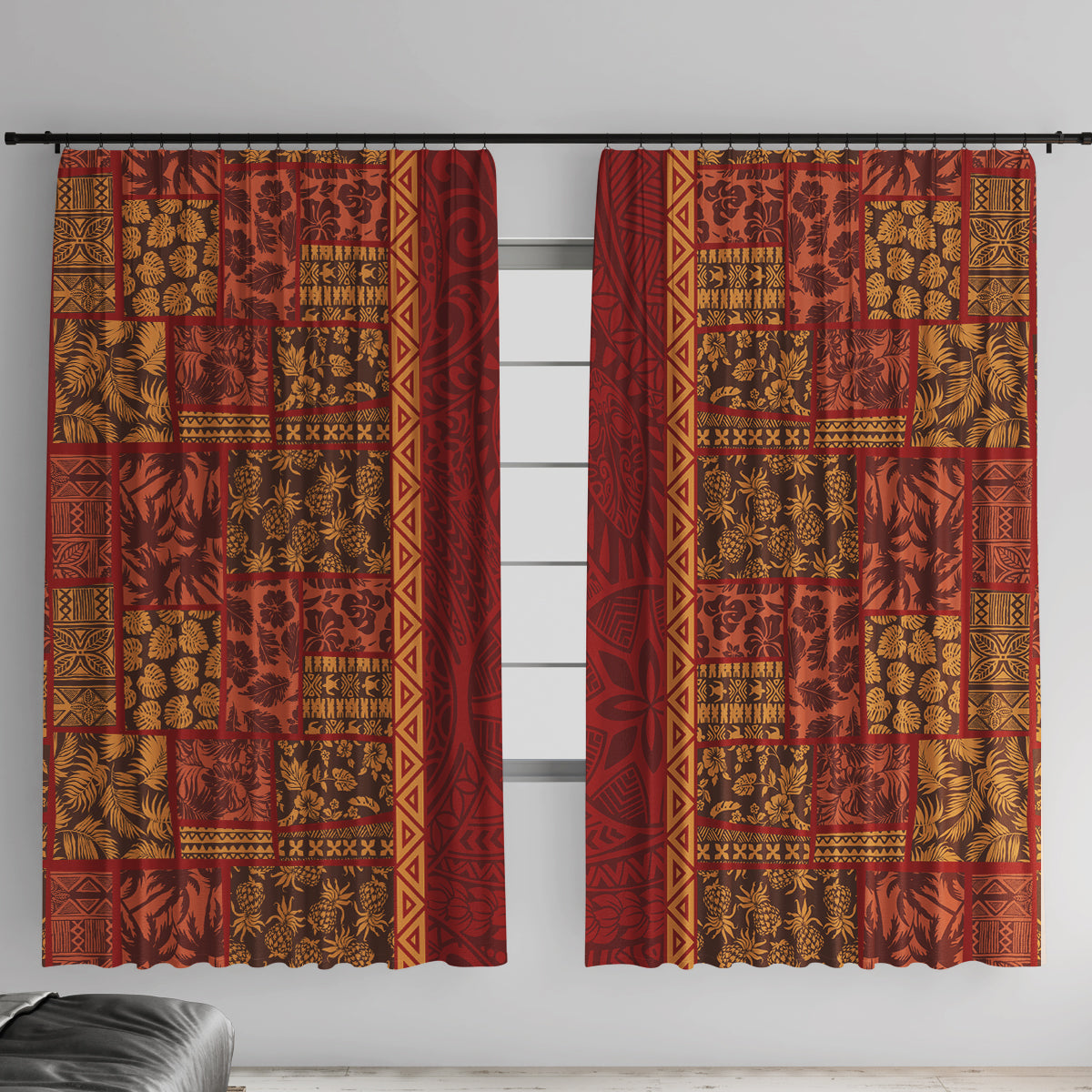 Hawaii Style Hibiscus and Tribal Element Fabric Patchwork Window Curtain LT03 With Hooks Red - Polynesian Pride