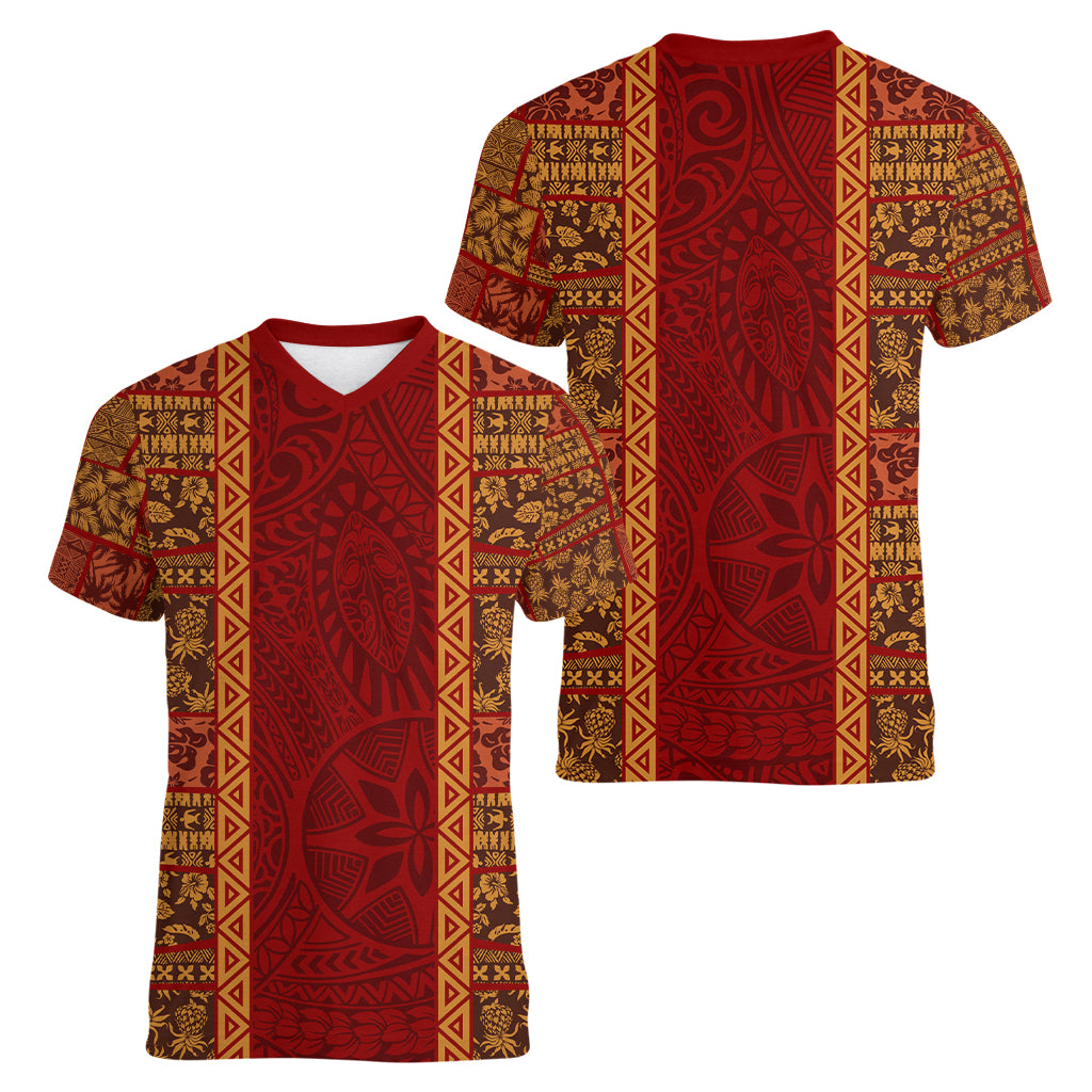 Hawaii Style Hibiscus and Tribal Element Fabric Patchwork Women V Neck T Shirt LT03 - Polynesian Pride