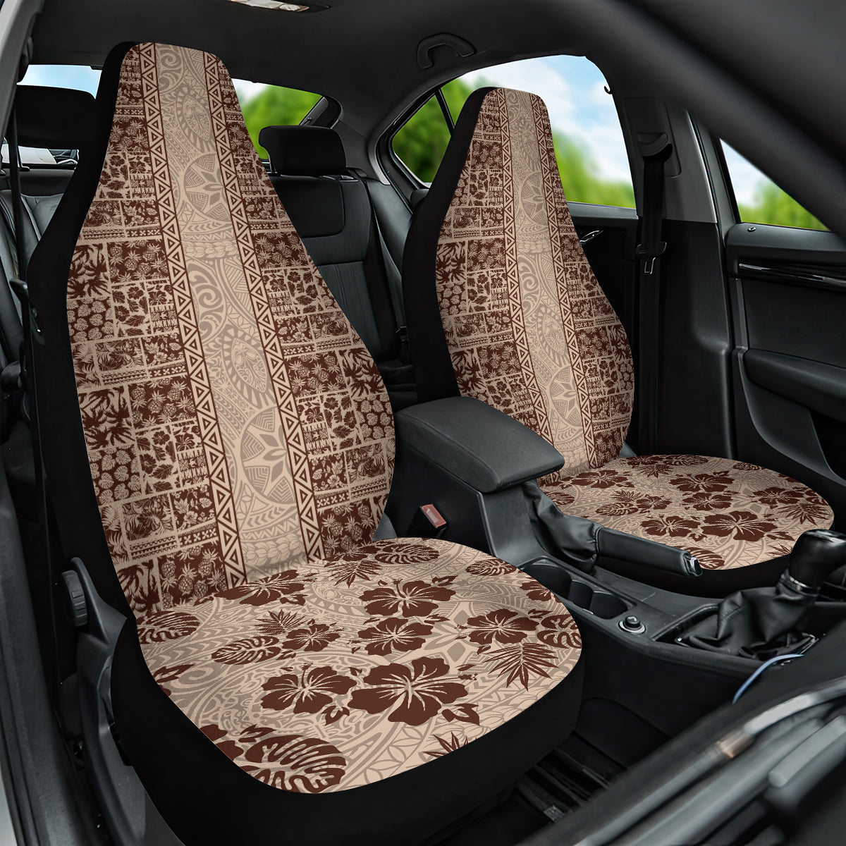 Hawaii Style Hibiscus and Tribal Element Fabric Patchwork Car Seat Cover Beige Version LT03 One Size Beige - Polynesian Pride