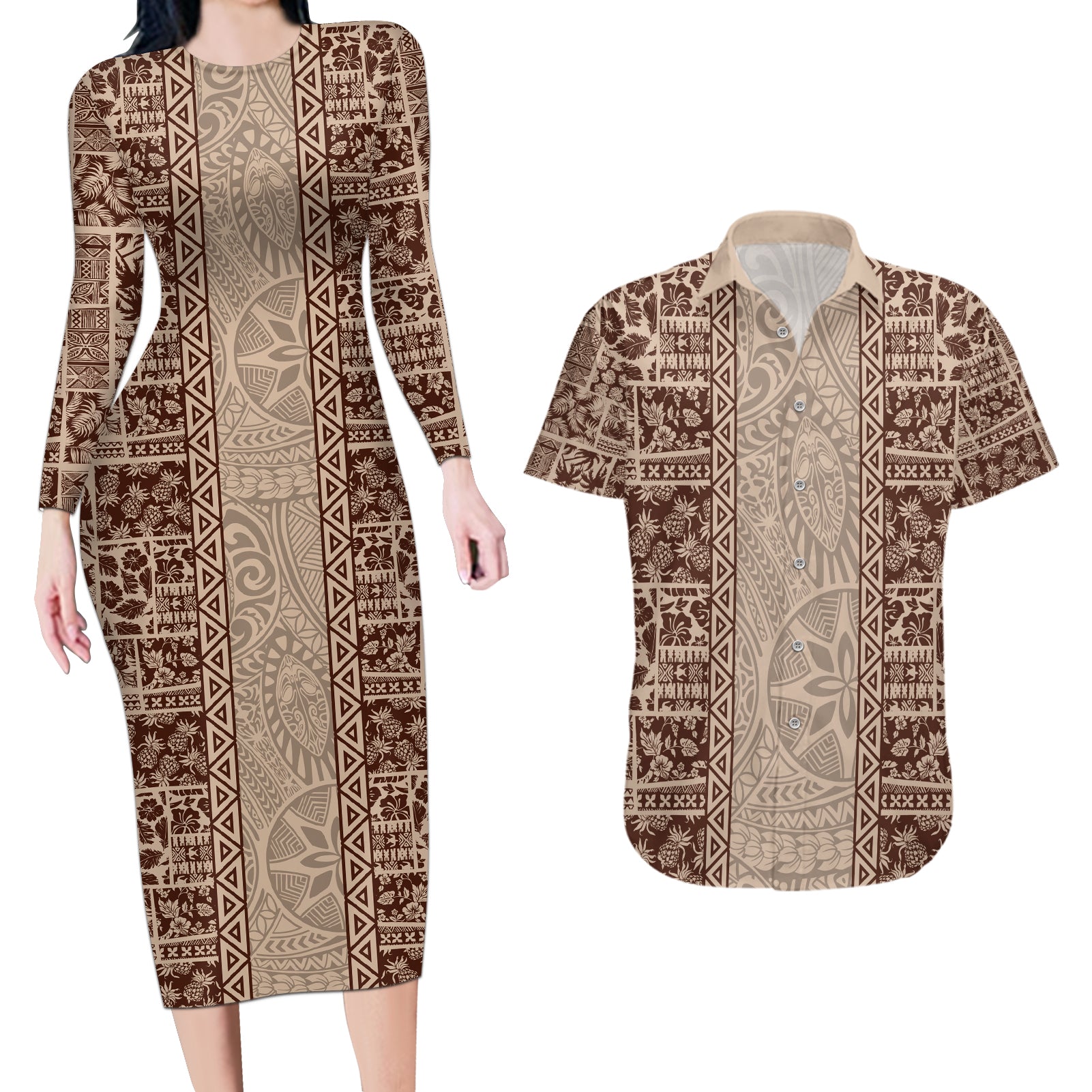 Hawaii Style Hibiscus and Tribal Element Fabric Patchwork Couples Matching Long Sleeve Bodycon Dress and Hawaiian Shirt Beige Version LT03 Beige - Polynesian Pride