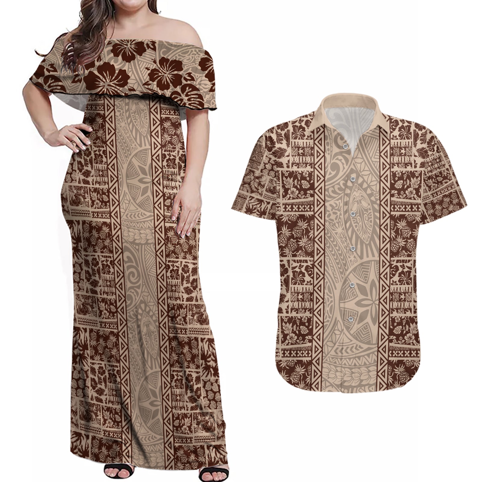 Hawaii Style Hibiscus and Tribal Element Fabric Patchwork Couples Matching Off Shoulder Maxi Dress and Hawaiian Shirt Beige Version LT03 Beige - Polynesian Pride