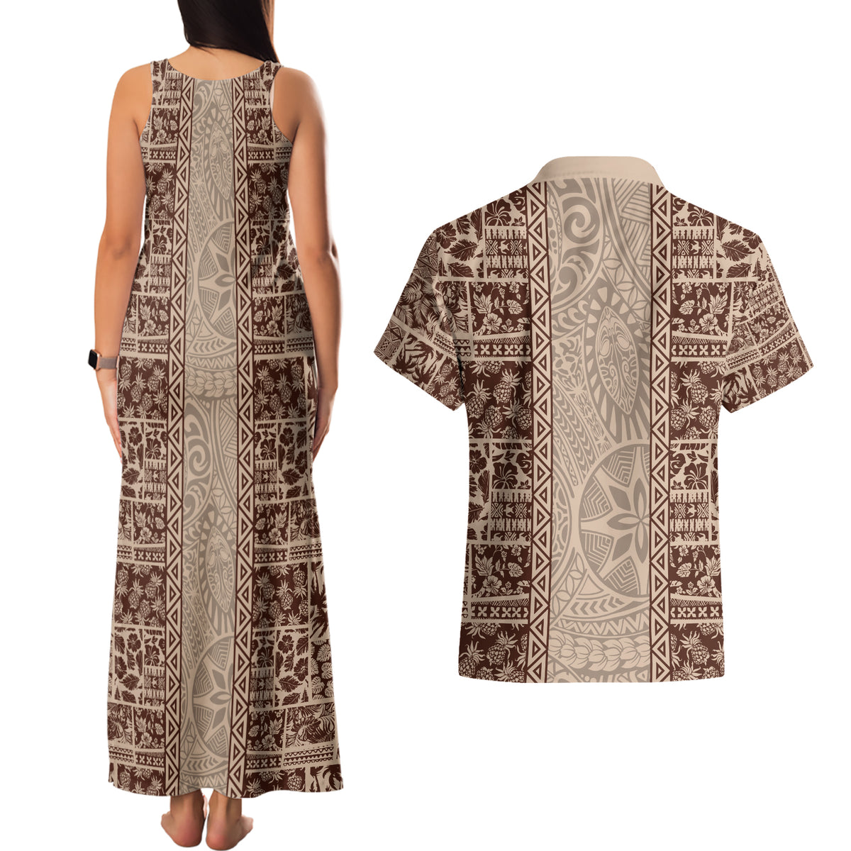 Hawaii Style Hibiscus and Tribal Element Fabric Patchwork Couples Matching Tank Maxi Dress and Hawaiian Shirt Beige Version LT03 - Polynesian Pride