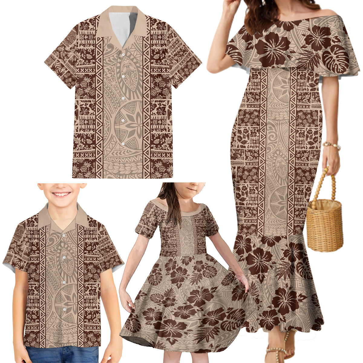 Hawaii Style Hibiscus and Tribal Element Fabric Patchwork Family Matching Mermaid Dress and Hawaiian Shirt Beige Version LT03 - Polynesian Pride