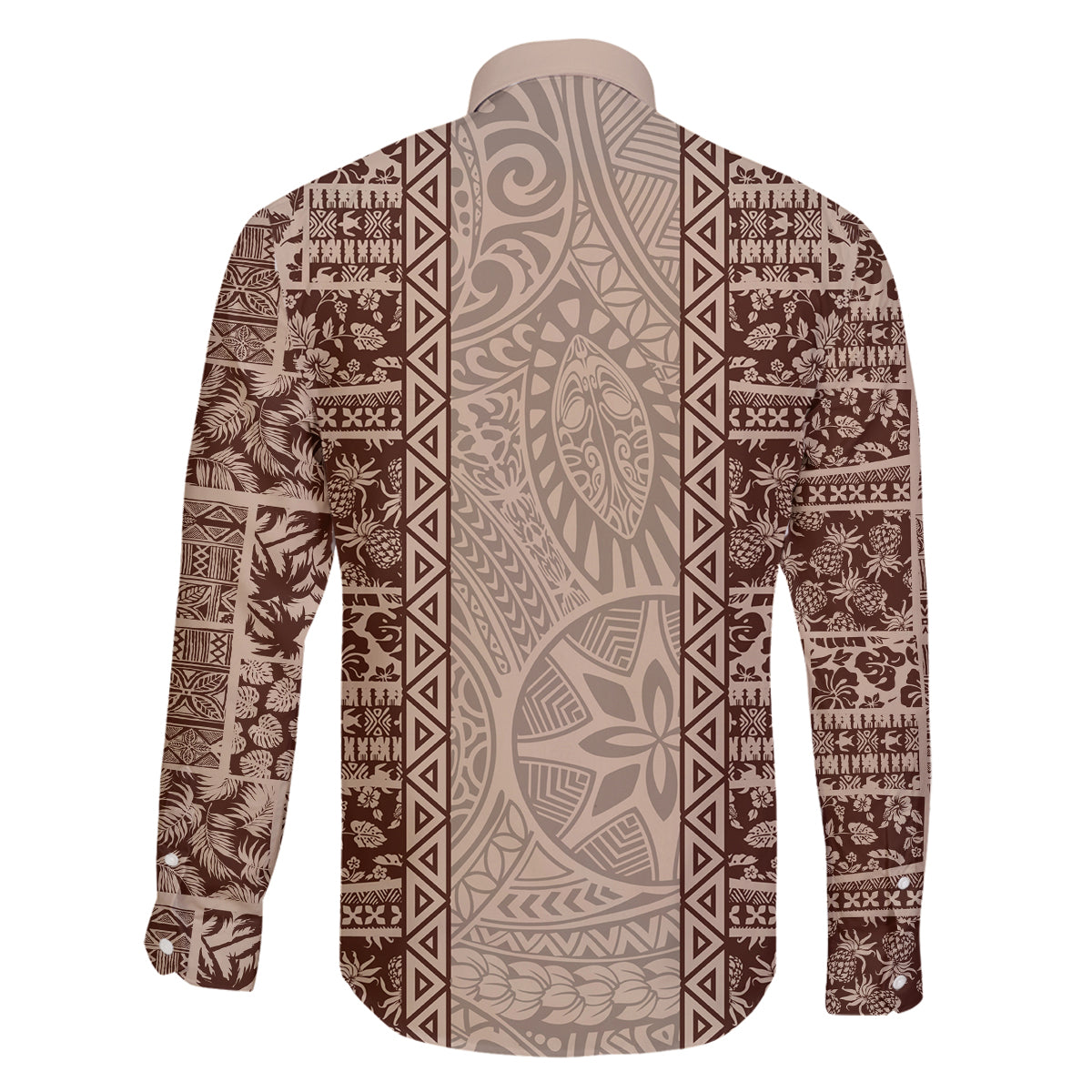 Hawaii Style Hibiscus and Tribal Element Fabric Patchwork Family Matching Off Shoulder Long Sleeve Dress and Hawaiian Shirt Beige Version LT03 - Polynesian Pride