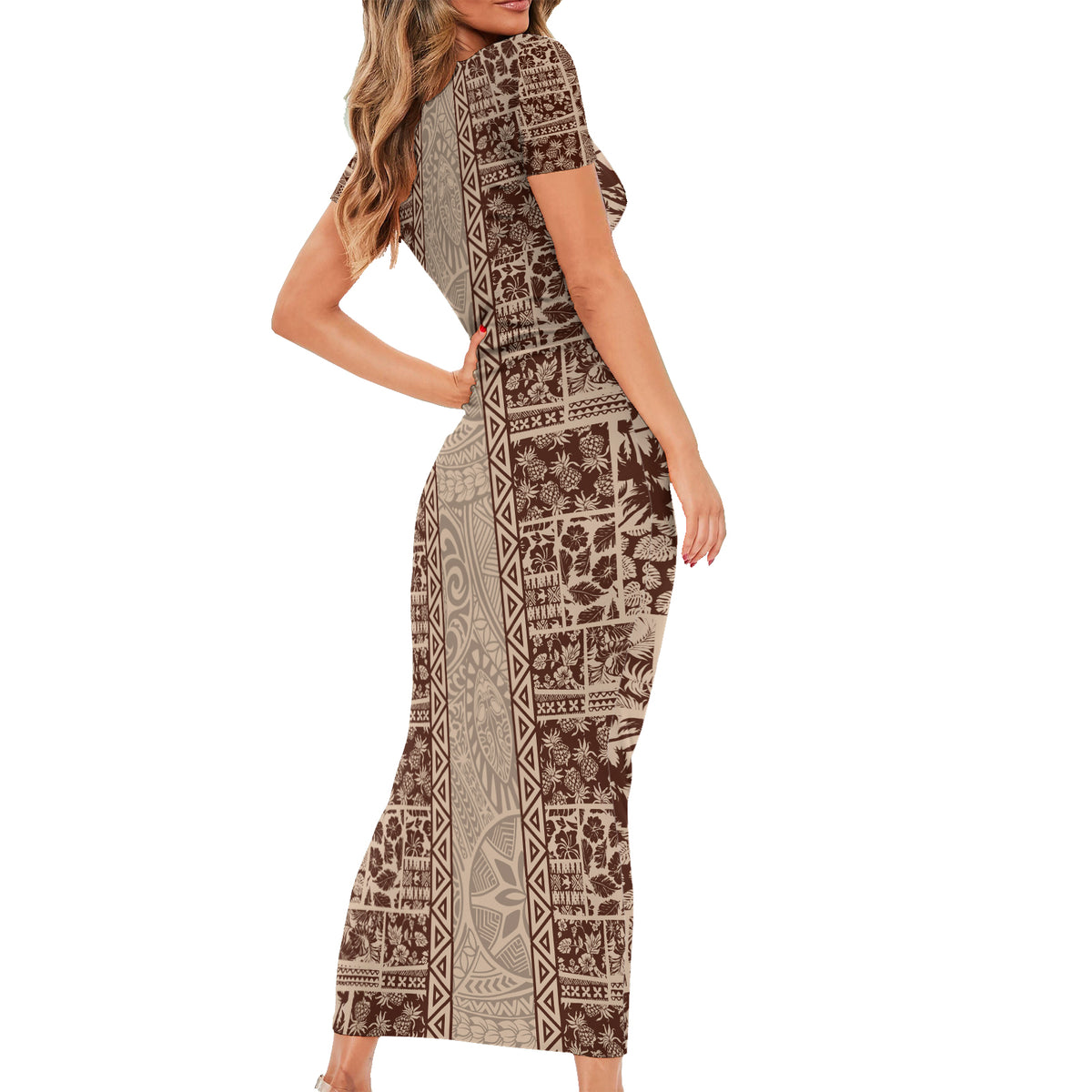 Hawaii Style Hibiscus and Tribal Element Fabric Patchwork Family Matching Short Sleeve Bodycon Dress and Hawaiian Shirt Beige Version LT03 - Polynesian Pride