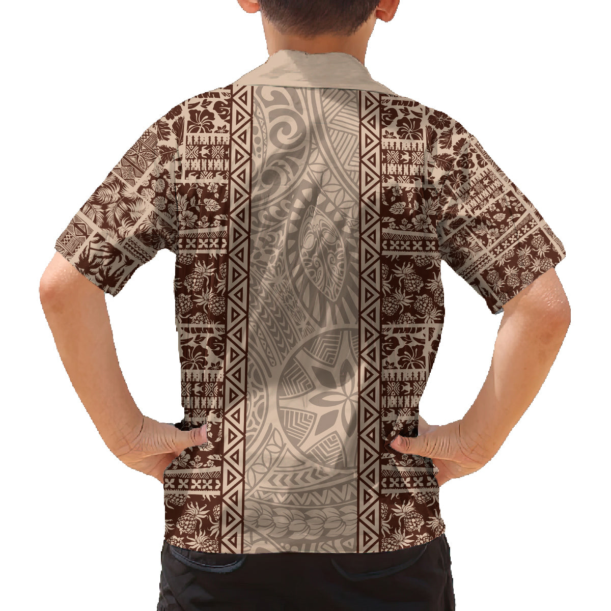 Hawaii Style Hibiscus and Tribal Element Fabric Patchwork Family Matching Summer Maxi Dress and Hawaiian Shirt Beige Version LT03 - Polynesian Pride