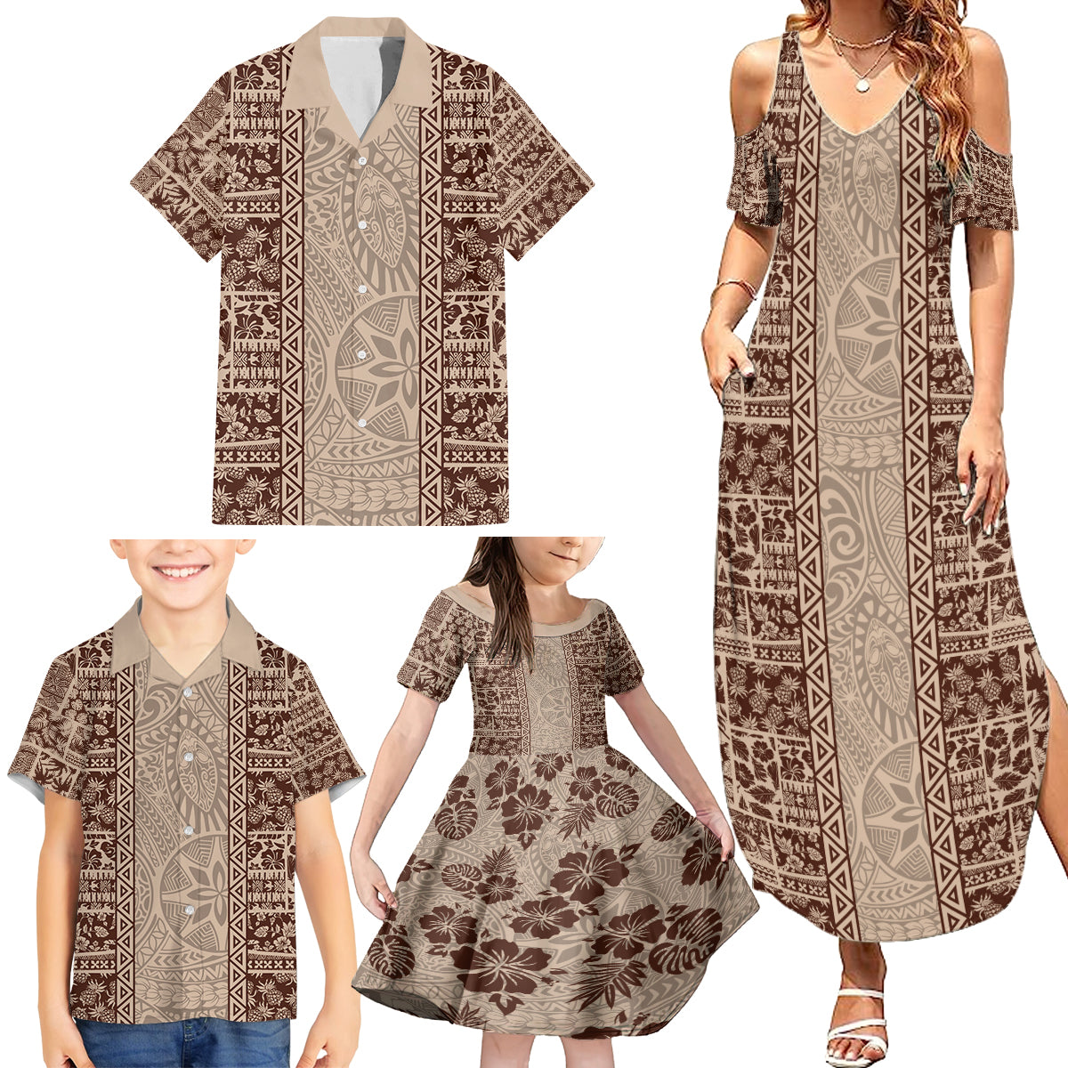 Hawaii Style Hibiscus and Tribal Element Fabric Patchwork Family Matching Summer Maxi Dress and Hawaiian Shirt Beige Version LT03 - Polynesian Pride