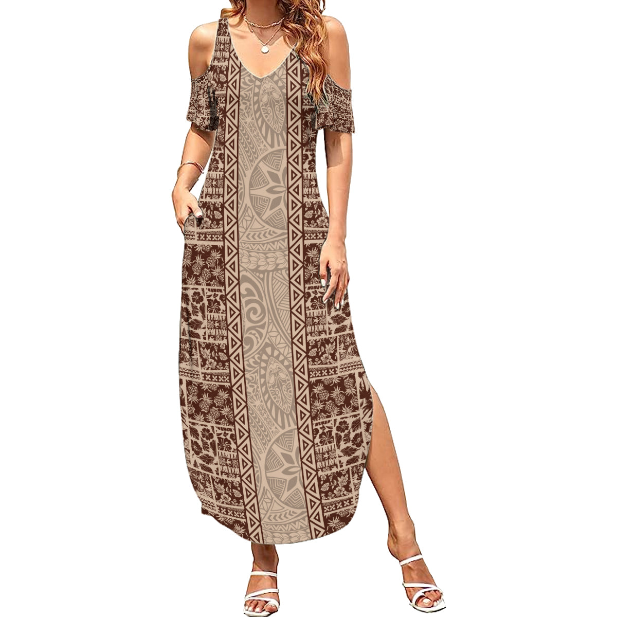 Hawaii Style Hibiscus and Tribal Element Fabric Patchwork Family Matching Summer Maxi Dress and Hawaiian Shirt Beige Version LT03 Mom's Dress Beige - Polynesian Pride