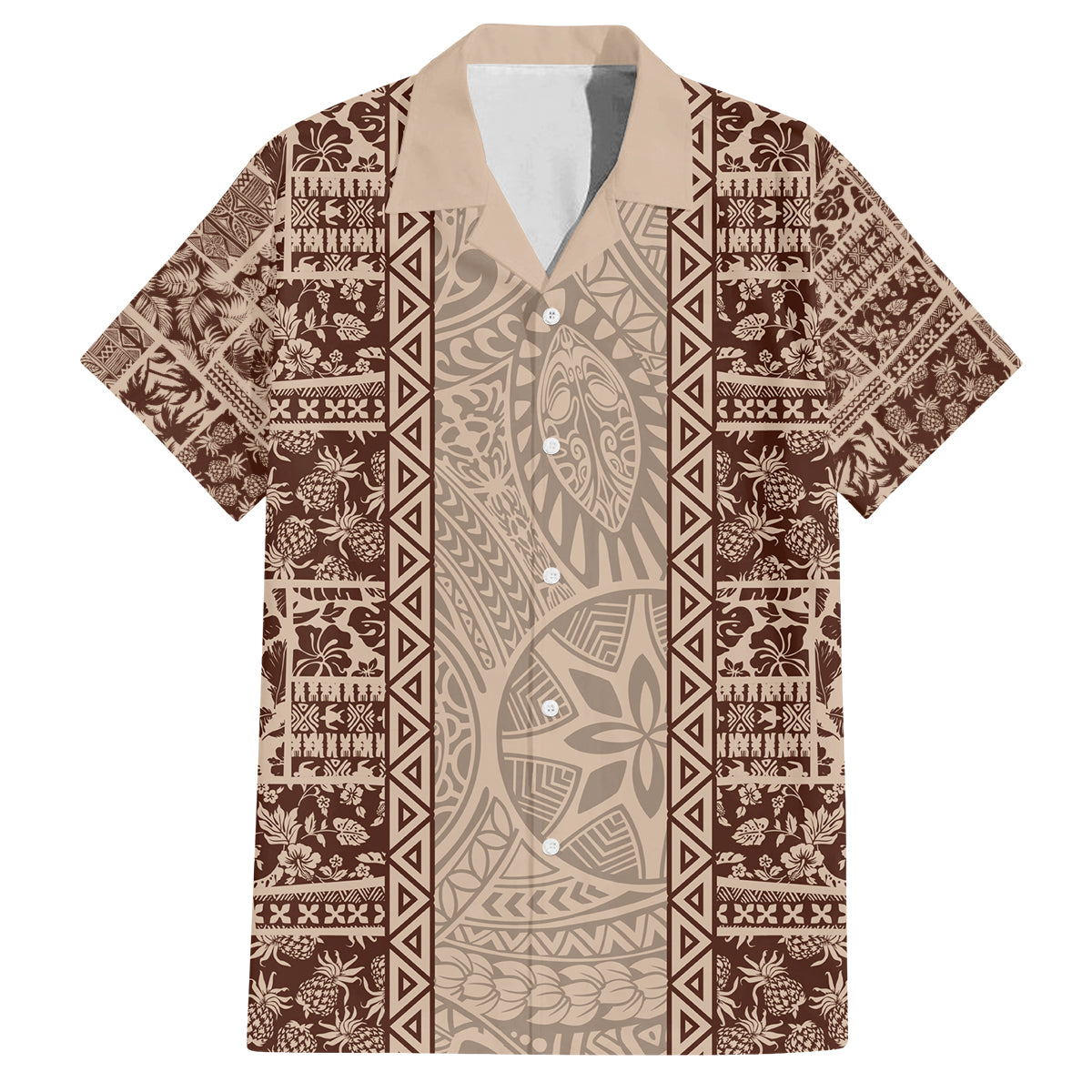 Hawaii Style Hibiscus and Tribal Element Fabric Patchwork Family Matching Tank Maxi Dress and Hawaiian Shirt Beige Version LT03 Dad's Shirt - Short Sleeve Beige - Polynesian Pride
