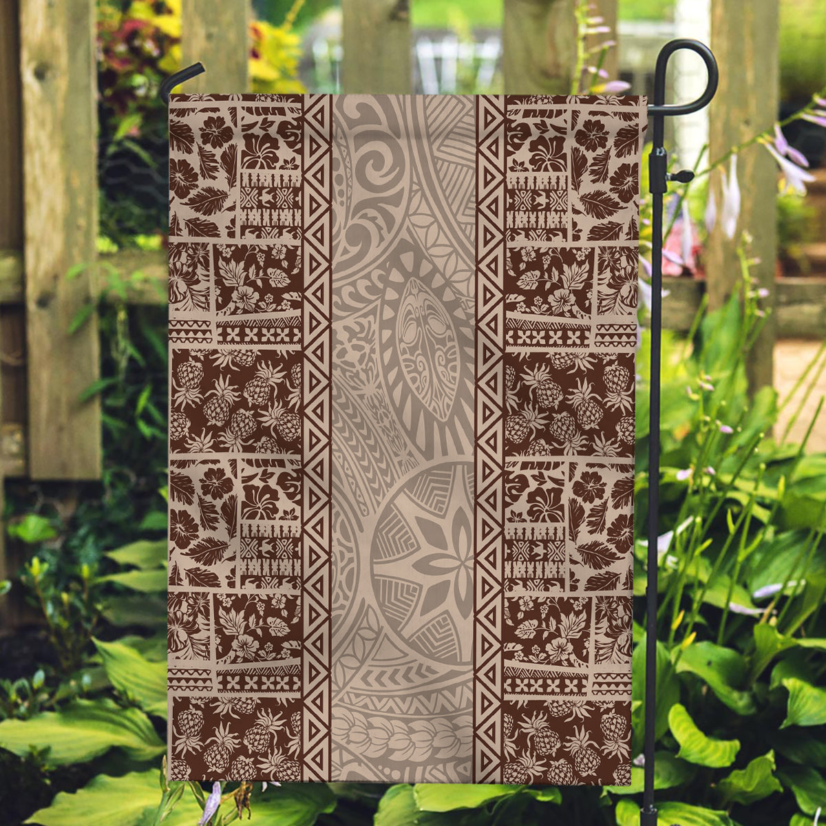 Hawaii Style Hibiscus and Tribal Element Fabric Patchwork Garden Flag Beige Version LT03 Garden Flag Beige - Polynesian Pride