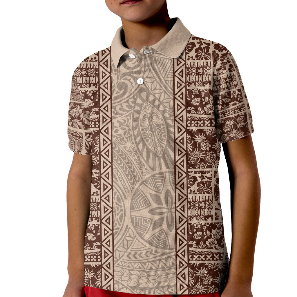 Hawaii Style Hibiscus and Tribal Element Fabric Patchwork Kid Polo Shirt Beige Version LT03 Kid Beige - Polynesian Pride