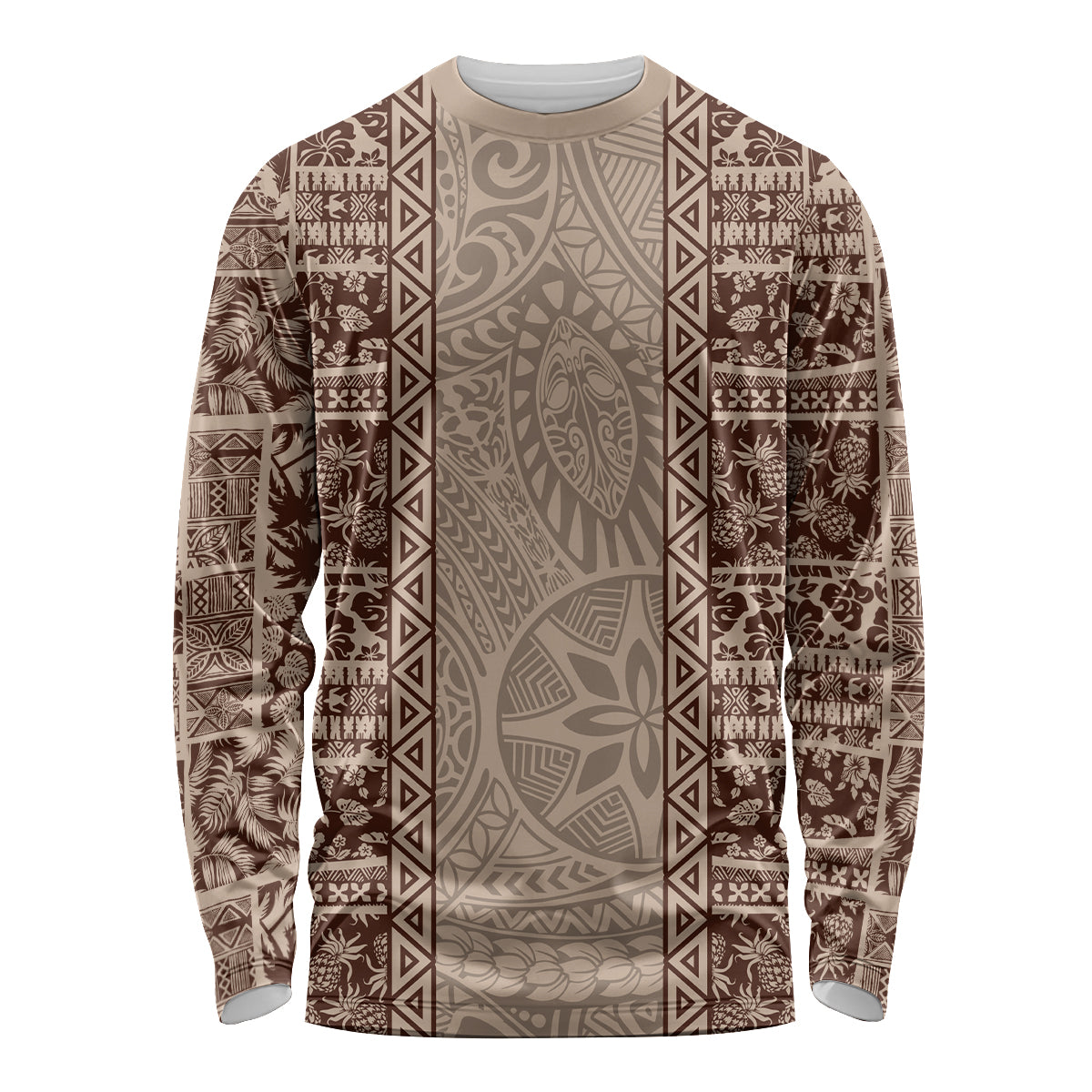 Hawaii Style Hibiscus and Tribal Element Fabric Patchwork Long Sleeve Shirt Beige Version LT03 Unisex Beige - Polynesian Pride