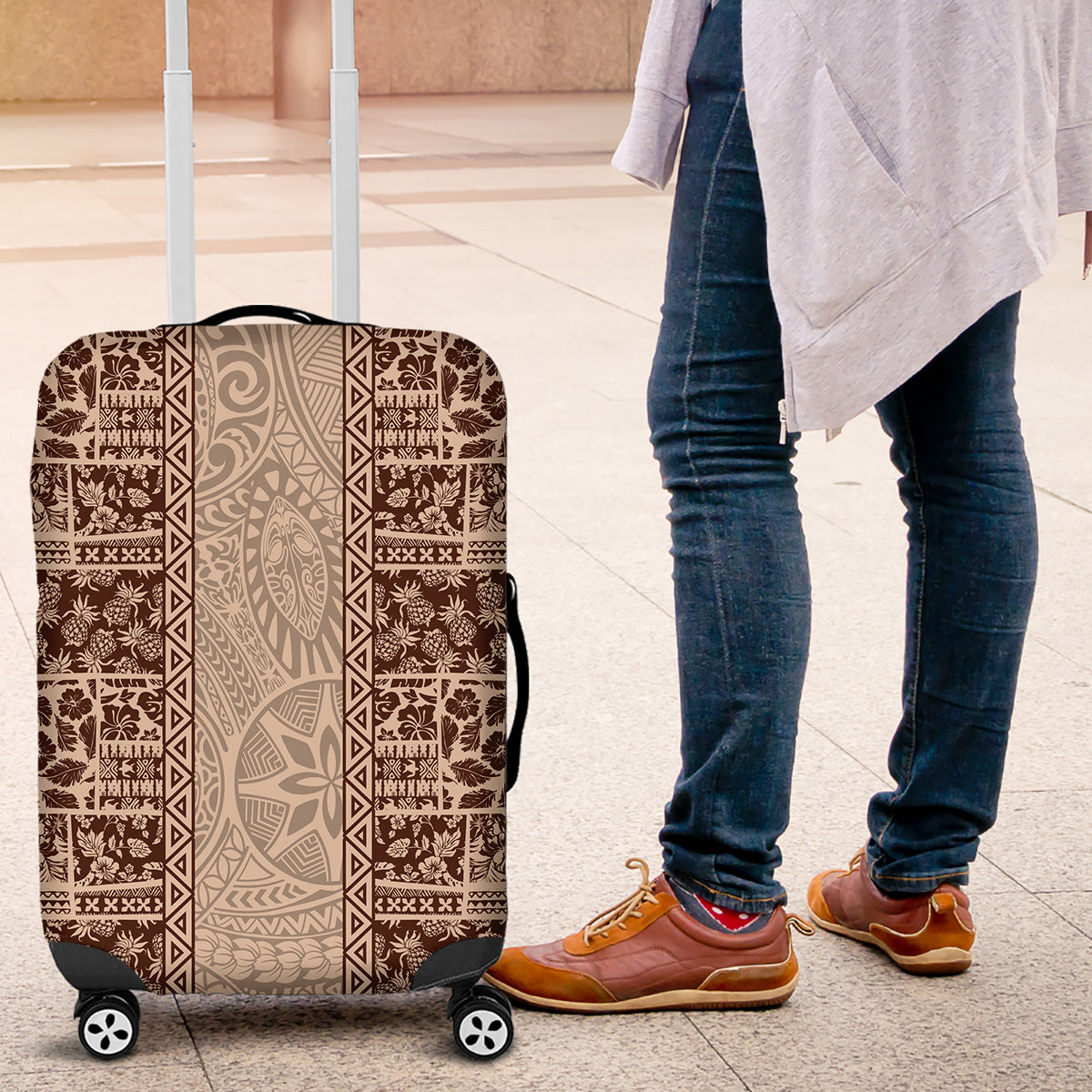 Hawaii Style Hibiscus and Tribal Element Fabric Patchwork Luggage Cover Beige Version LT03 Beige - Polynesian Pride