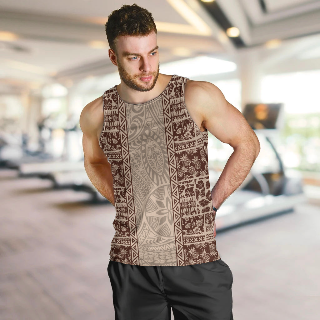 Hawaii Style Hibiscus and Tribal Element Fabric Patchwork Men Tank Top Beige Version LT03 Beige - Polynesian Pride