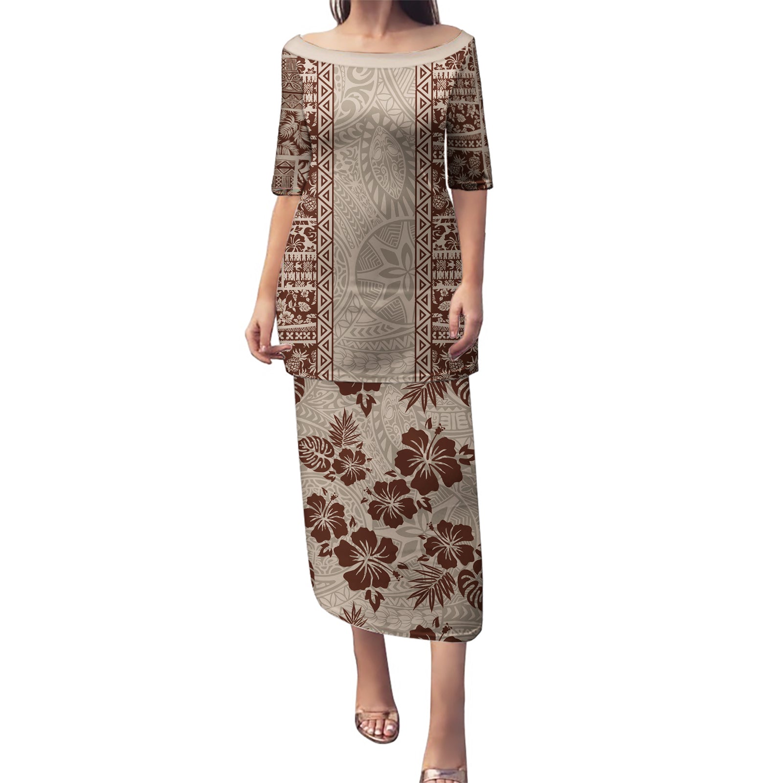 Hawaii Style Hibiscus and Tribal Element Fabric Patchwork Puletasi Beige Version LT03 Long Dress Beige - Polynesian Pride