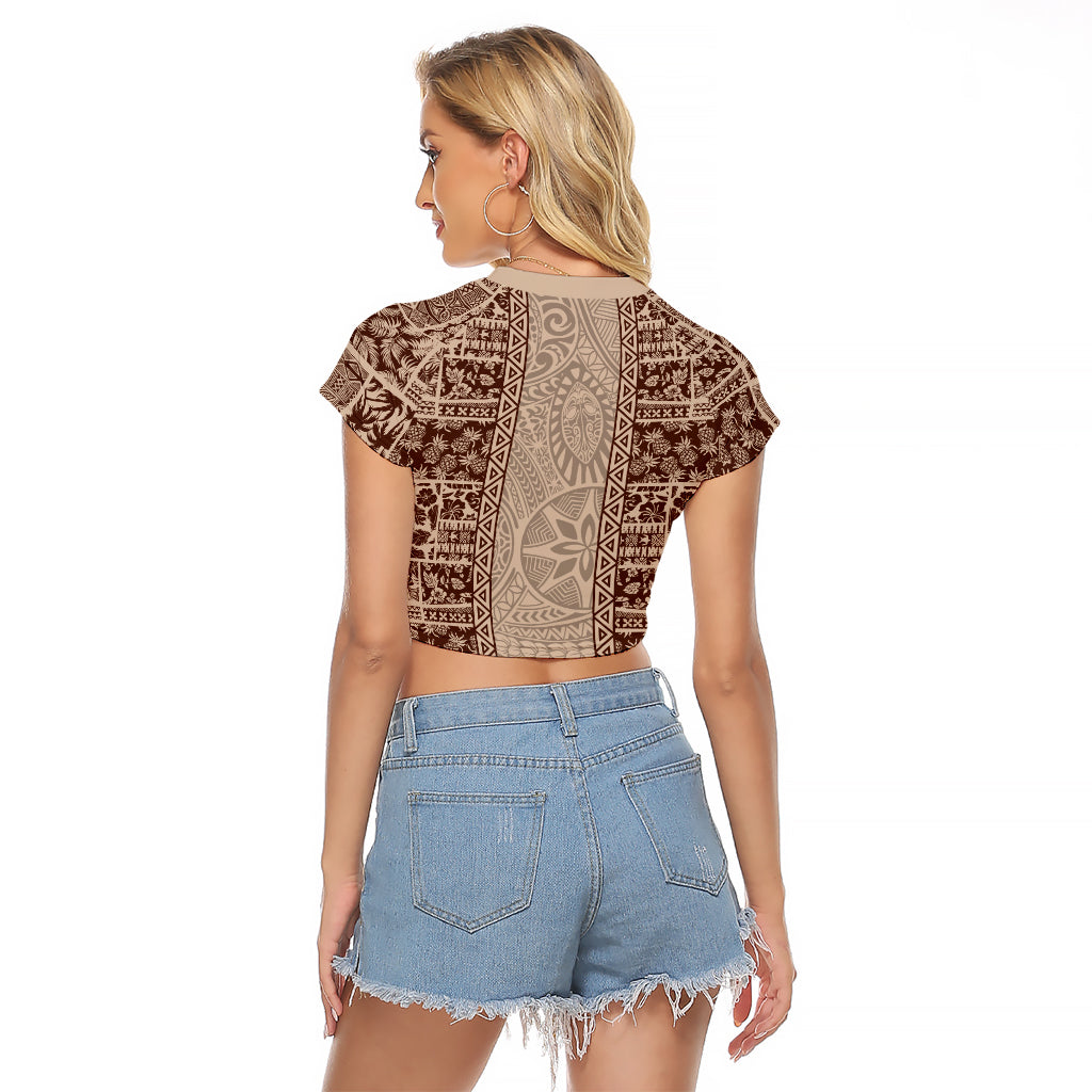 Hawaii Style Hibiscus and Tribal Element Fabric Patchwork Raglan Cropped T Shirt Beige Version LT03 - Polynesian Pride